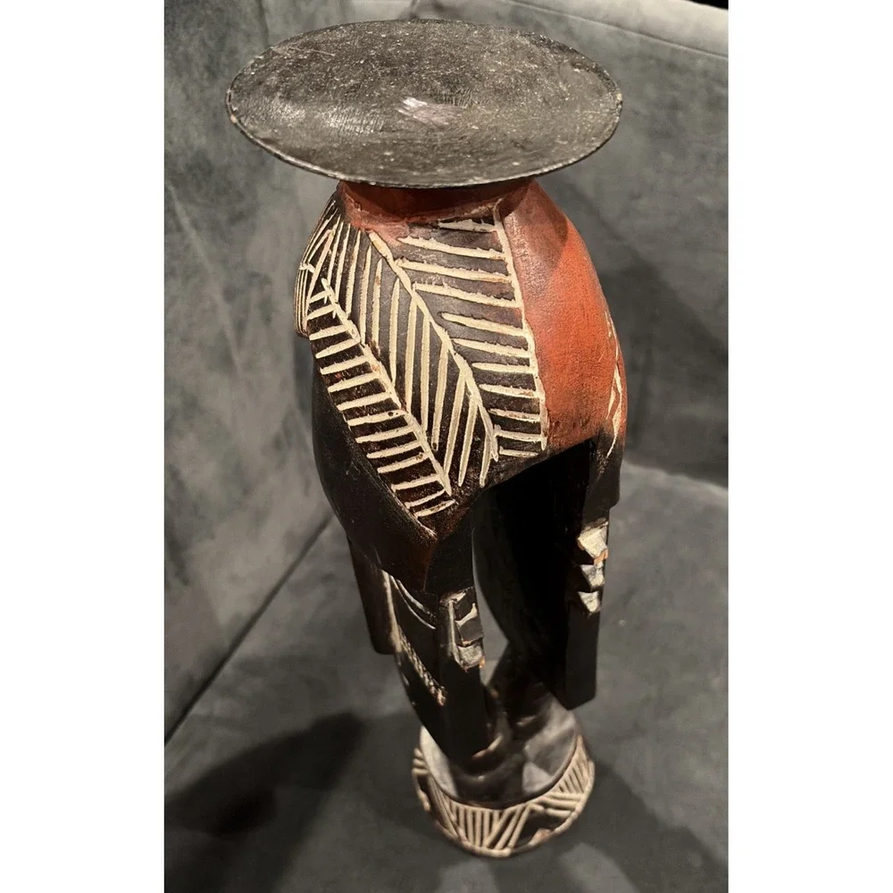 Tribal Wooden Mask Hand Carved Black & Red Bold Stands On Table
